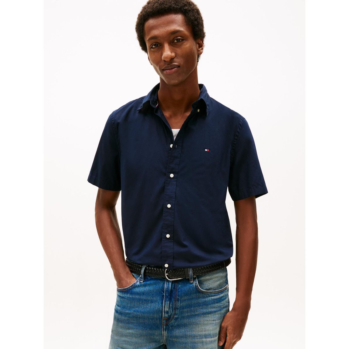 TOMMY HILFIGER - Camisa azul Flex Poplin Solid de manga corta Tommy Hilfiger