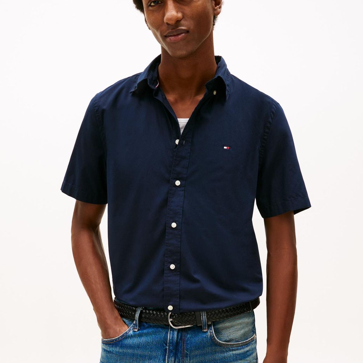 TOMMY HILFIGER - Camisa azul Flex Poplin Solid de manga corta Tommy Hilfiger