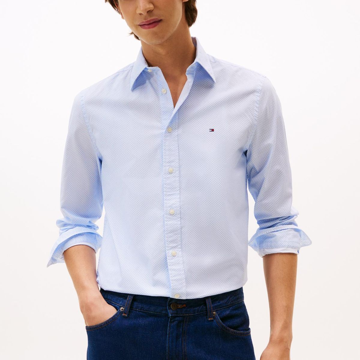 TOMMY HILFIGER - Camisa celeste de corte regular flex poplin con micro estampado Tommy Hilfiger