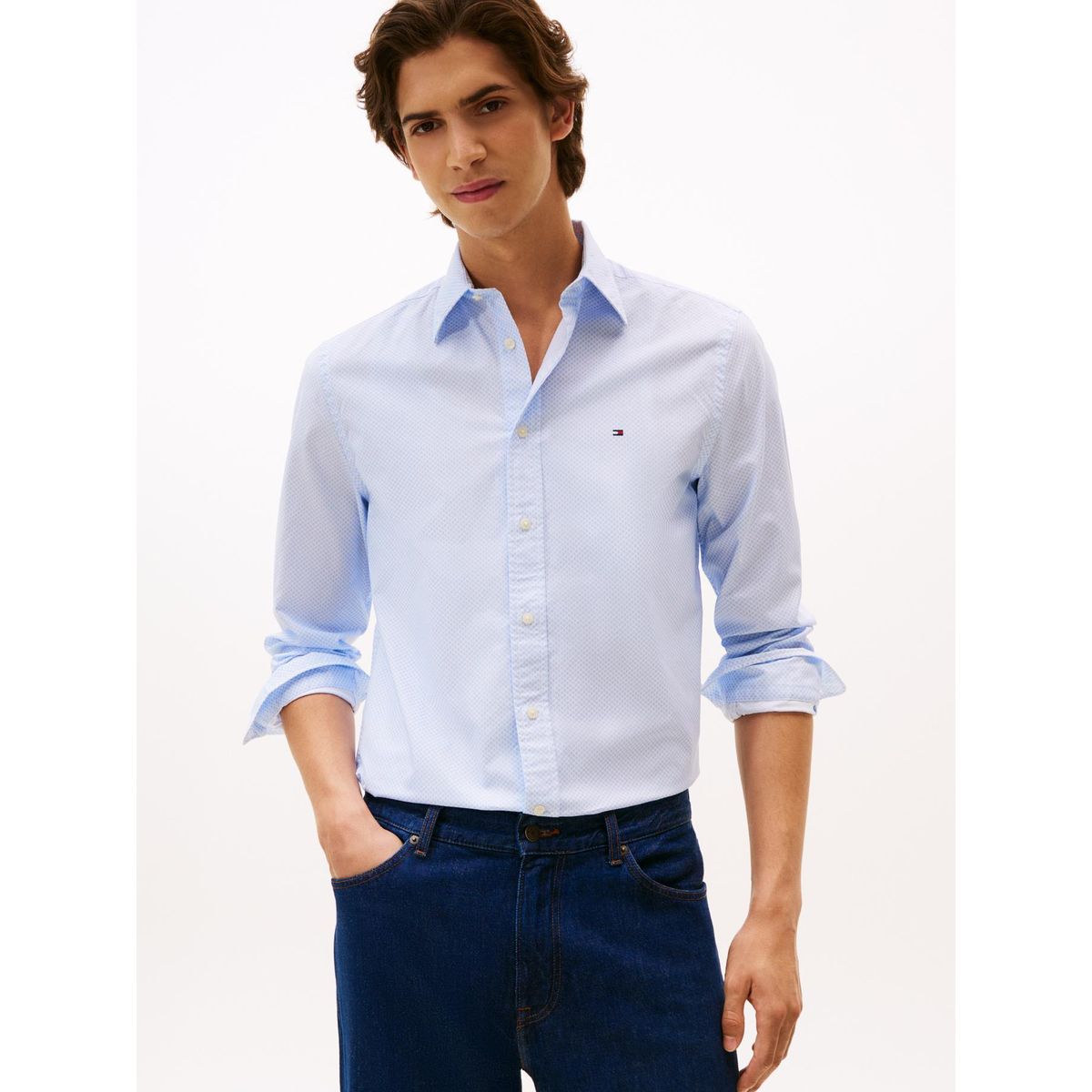 TOMMY HILFIGER - Camisa celeste de corte regular flex poplin con micro estampado Tommy Hilfiger