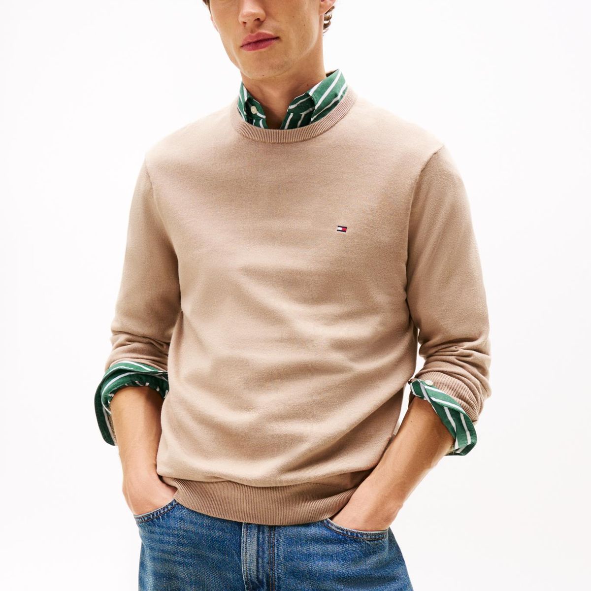 TOMMY HILFIGER - Saco beige de cuello redondo con logo bordado Tommy Hilfiger
