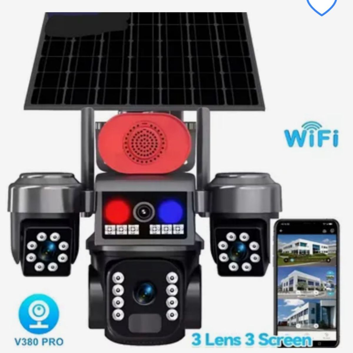 GENERICO - Camara De Seguridad Wifi Con Panel Solar Tres Lentes