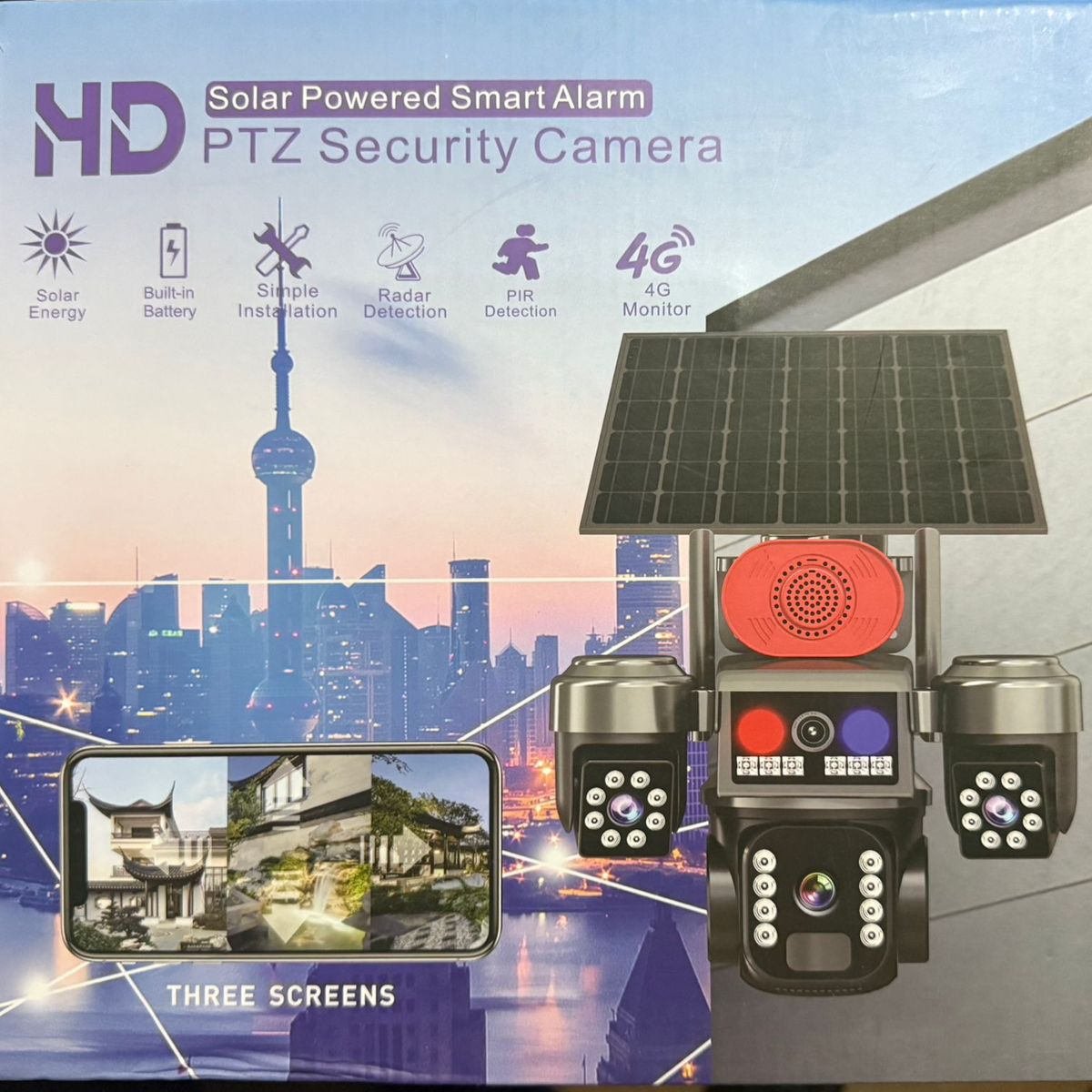 GENERICO - Camara De Seguridad Wifi Con Panel Solar Tres Lentes
