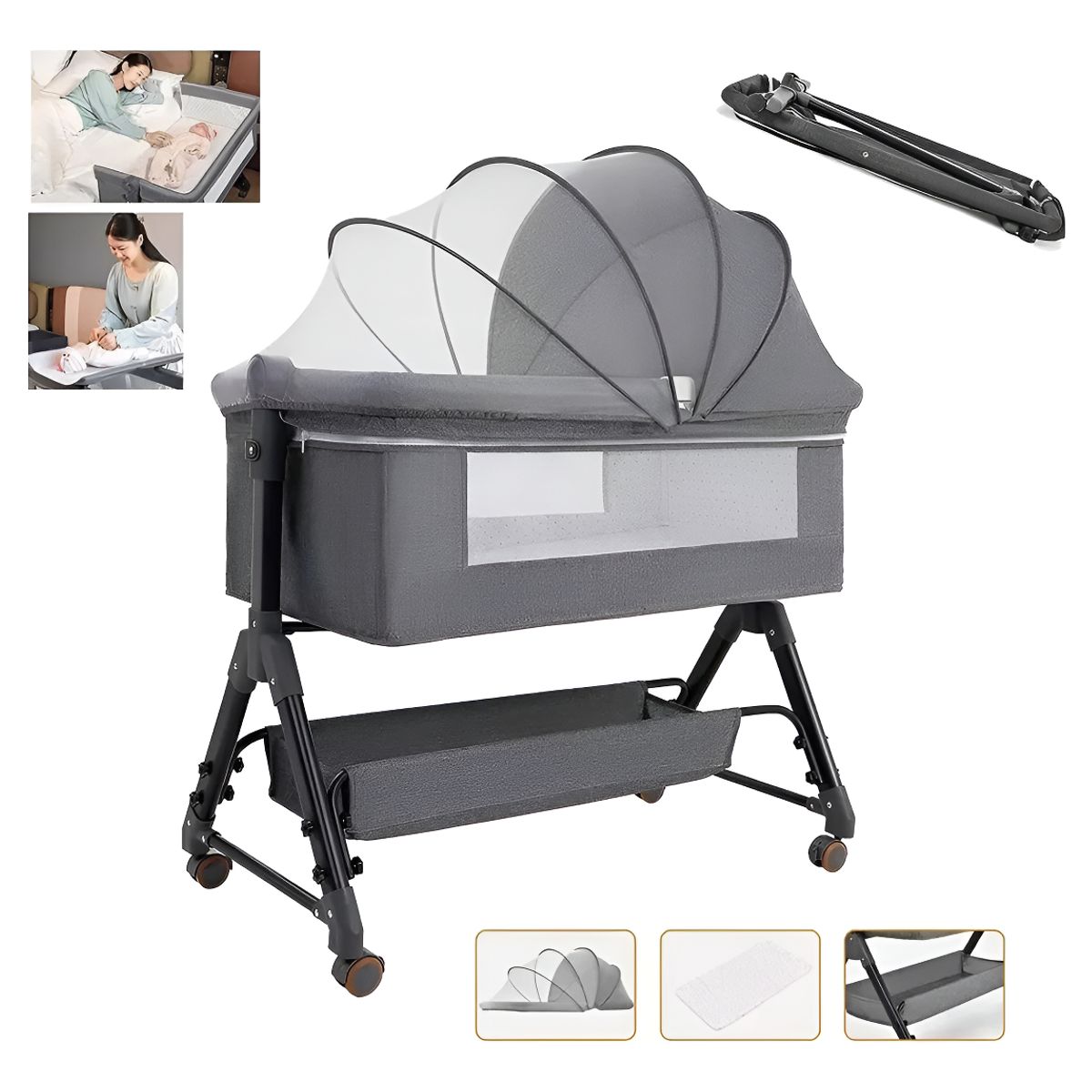 BEBESITOS - Cuna colecho con mosquitero y organizador modelo 2026 original color gris