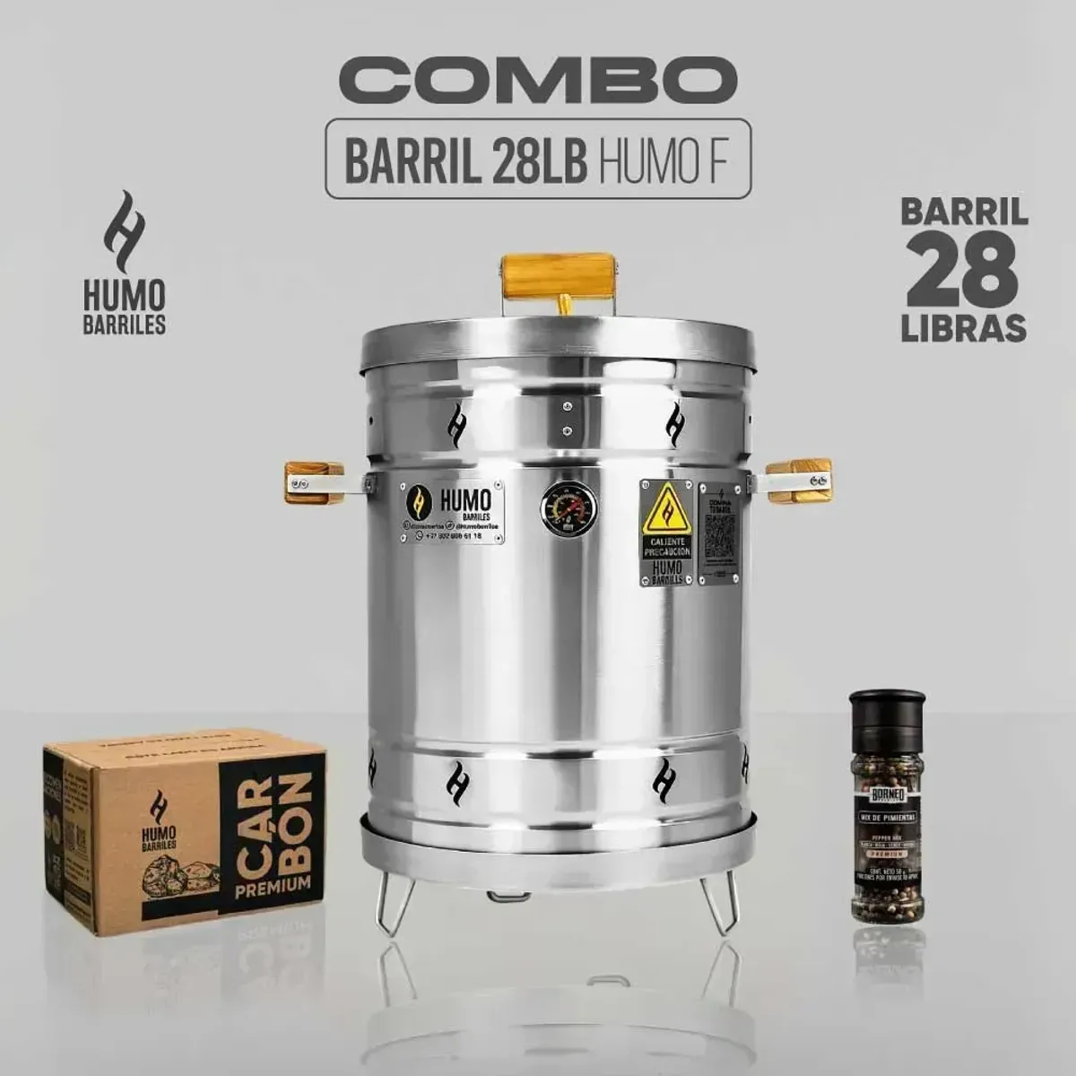 HUMO BARRILES - Combo Barril Asador Ahumador 28 Lb 40 Personas INOX. 75x60 cm + Carbón Premium 2Kg + Pimienta 50gr