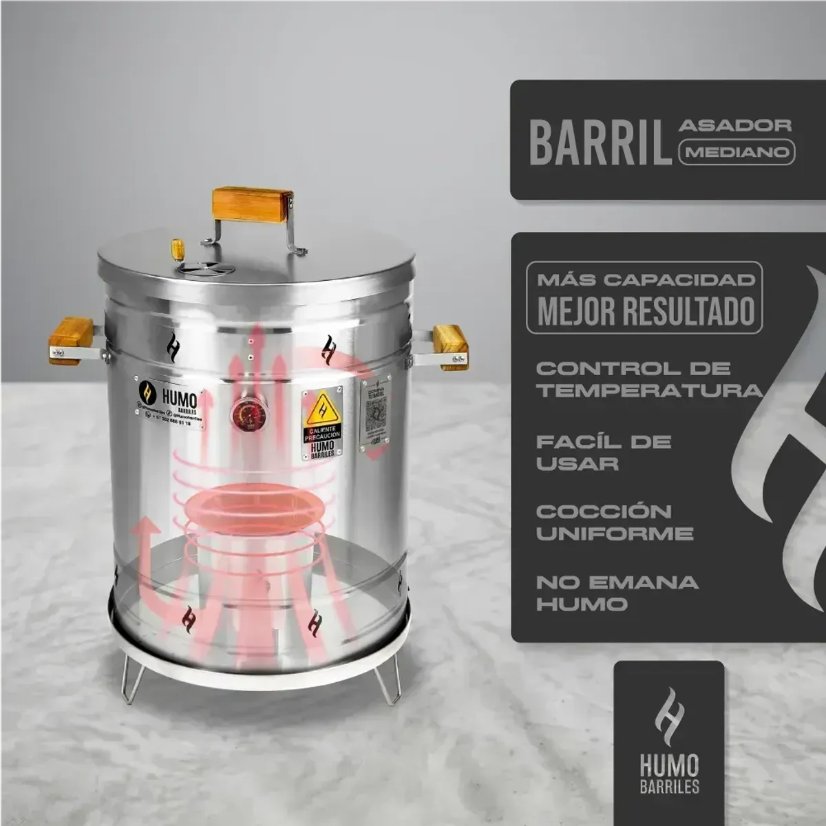 HUMO BARRILES - Combo Barril Asador Ahumador 28 Lb 40 Personas INOX. 75x60 cm + Carbón Premium 2Kg + Pimienta 50gr