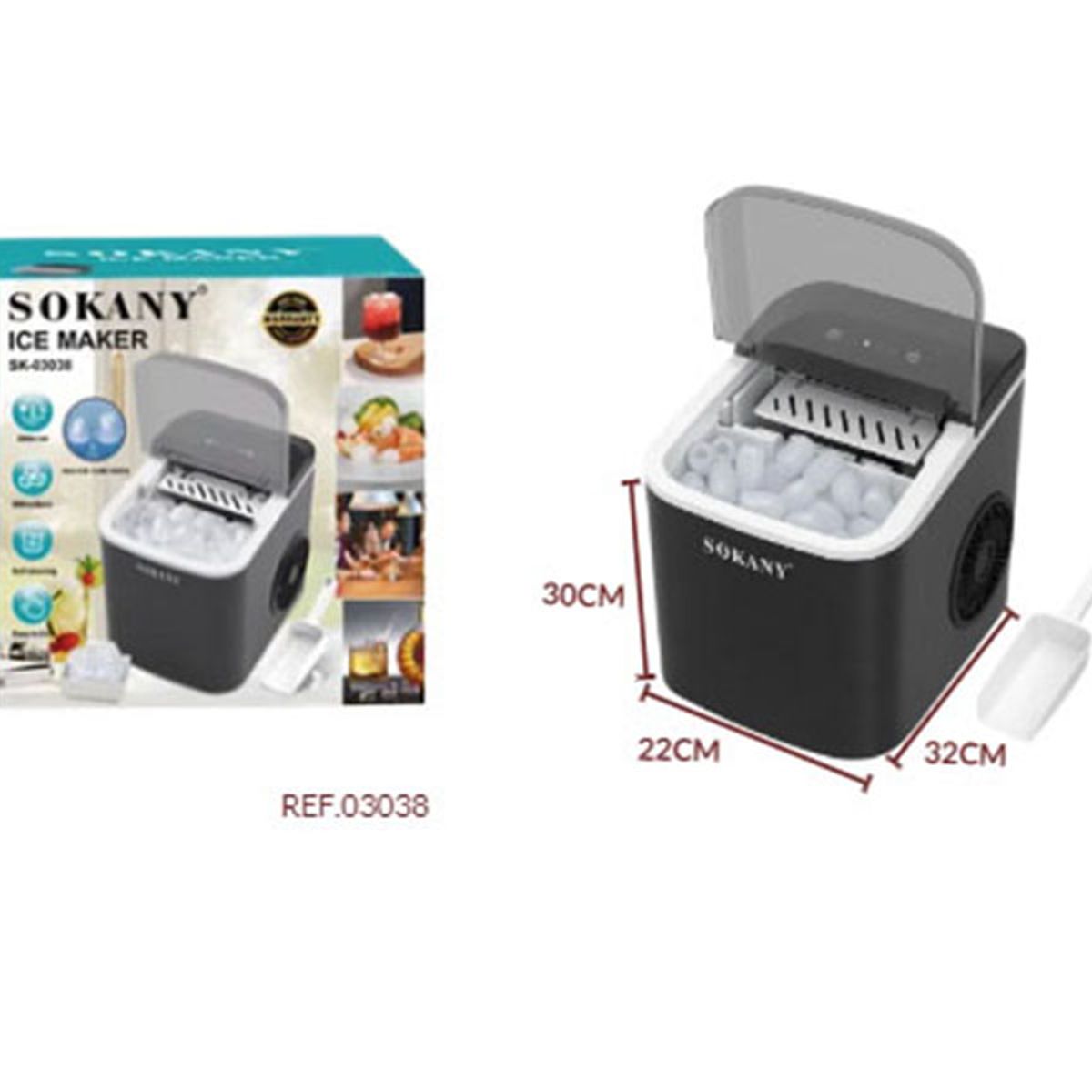 SOKANY - Máquina De Hielo Cubos Sokany Sk03038 Negra 12kgdía Autolimpieza