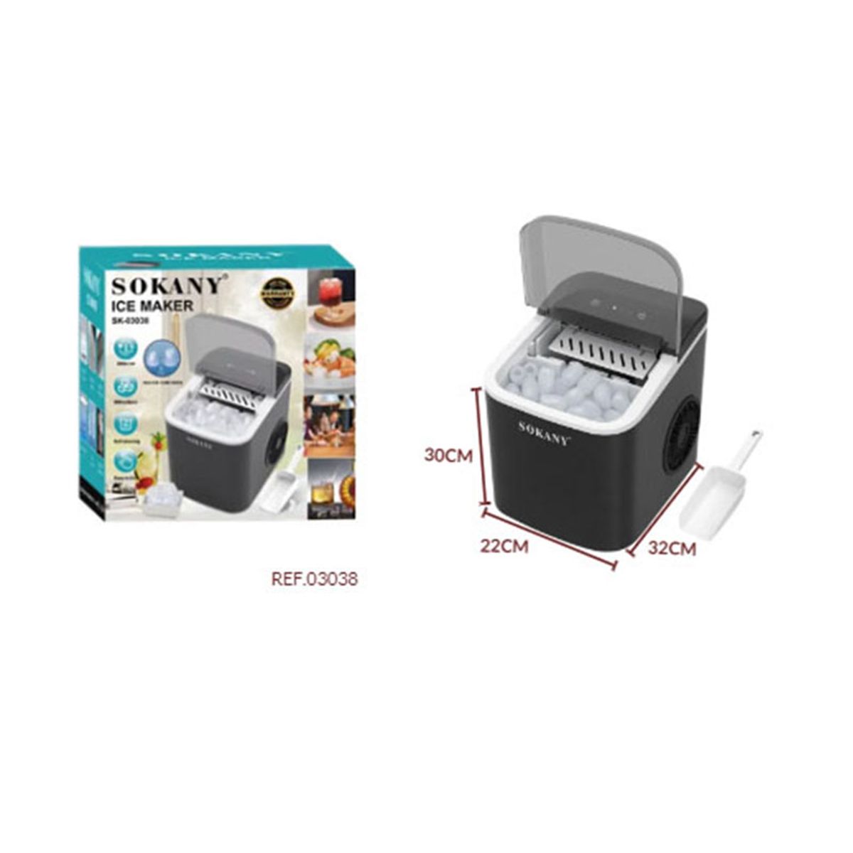 SOKANY - Máquina De Hielo Cubos Sokany Sk03038 Negra 12kgdía Autolimpieza