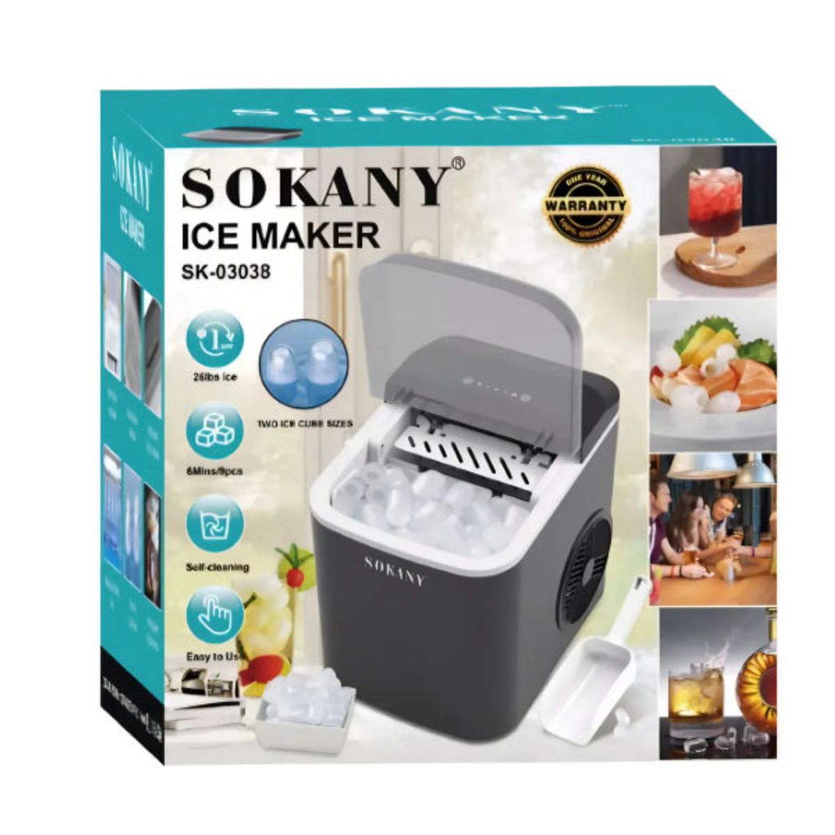SOKANY - Máquina De Hielo Cubos Sokany Sk03038 Negra 12kgdía Autolimpieza