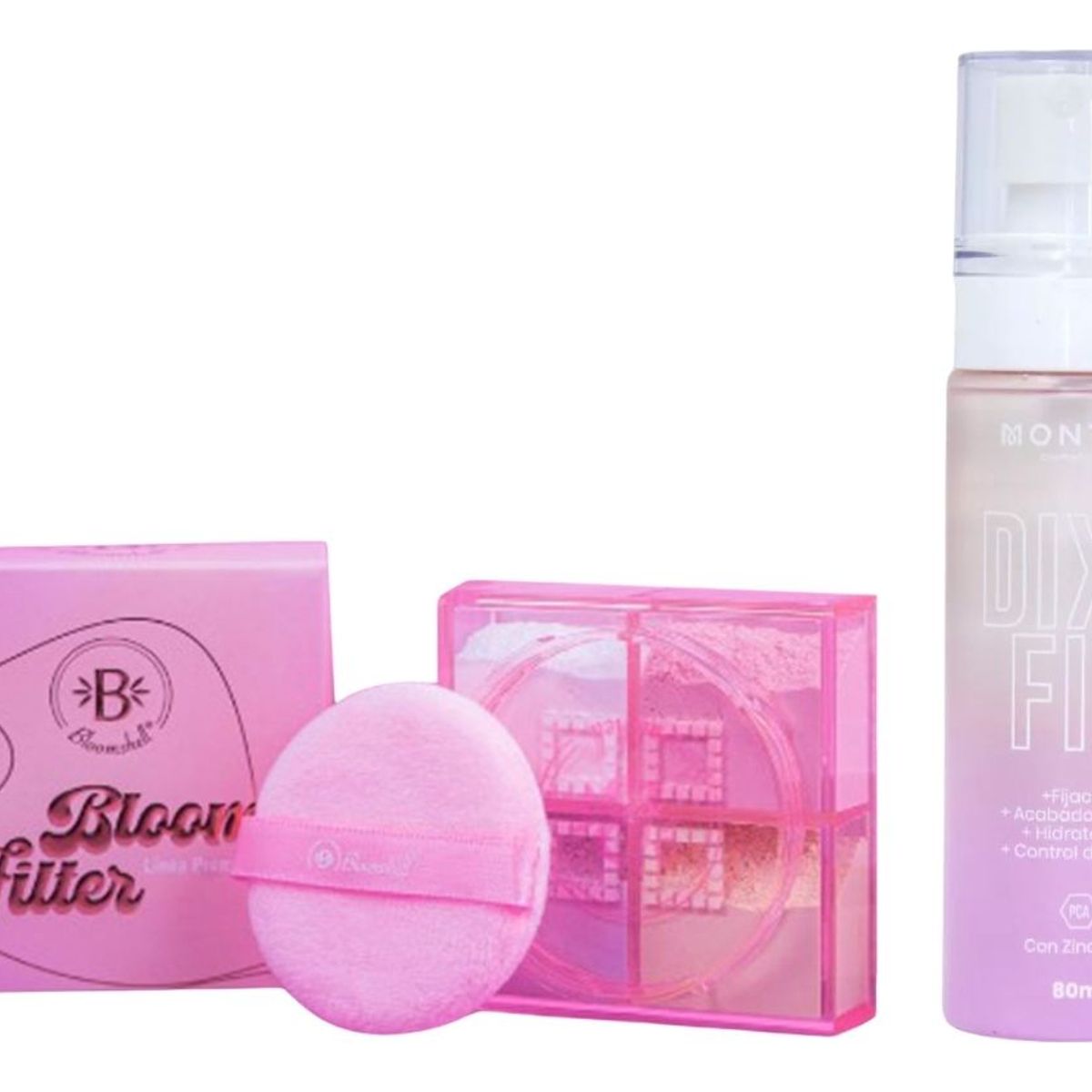 MONTOC MAKEUP - Polvo Suelto Bloomshell 4 En 1 Traslúcido Spray Fijador Mate
