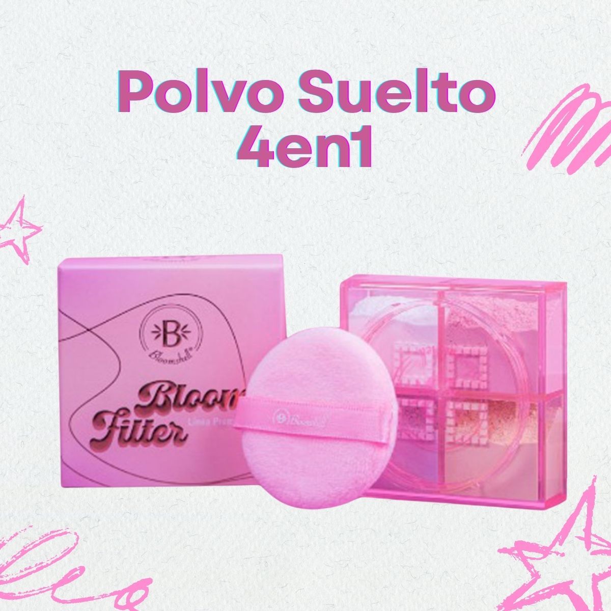 MONTOC MAKEUP - Polvo Suelto Bloomshell 4 En 1 Traslúcido Spray Fijador Mate