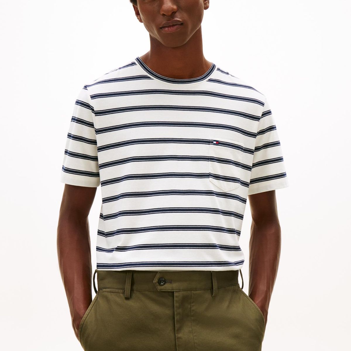 TOMMY HILFIGER - Camiseta blanca de rayas con cuello redondo Tommy Hilfiger