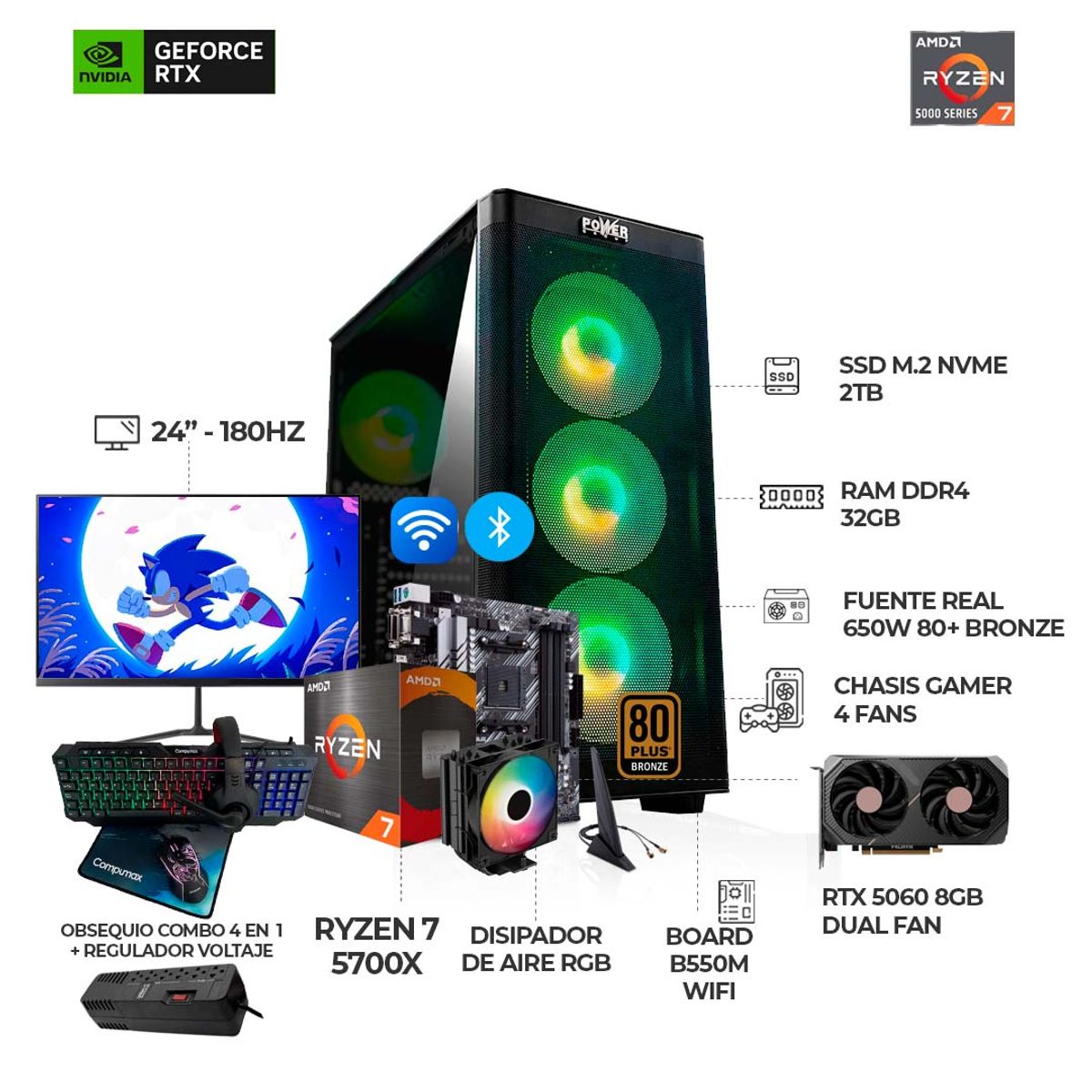 AMD - PC Gamer Ryzen 7 5700X / RTX 5060 6GB / 32GB RAM / SSD 2TB / Monitor 24 FHD 180Hz / Wi-Fi + BT