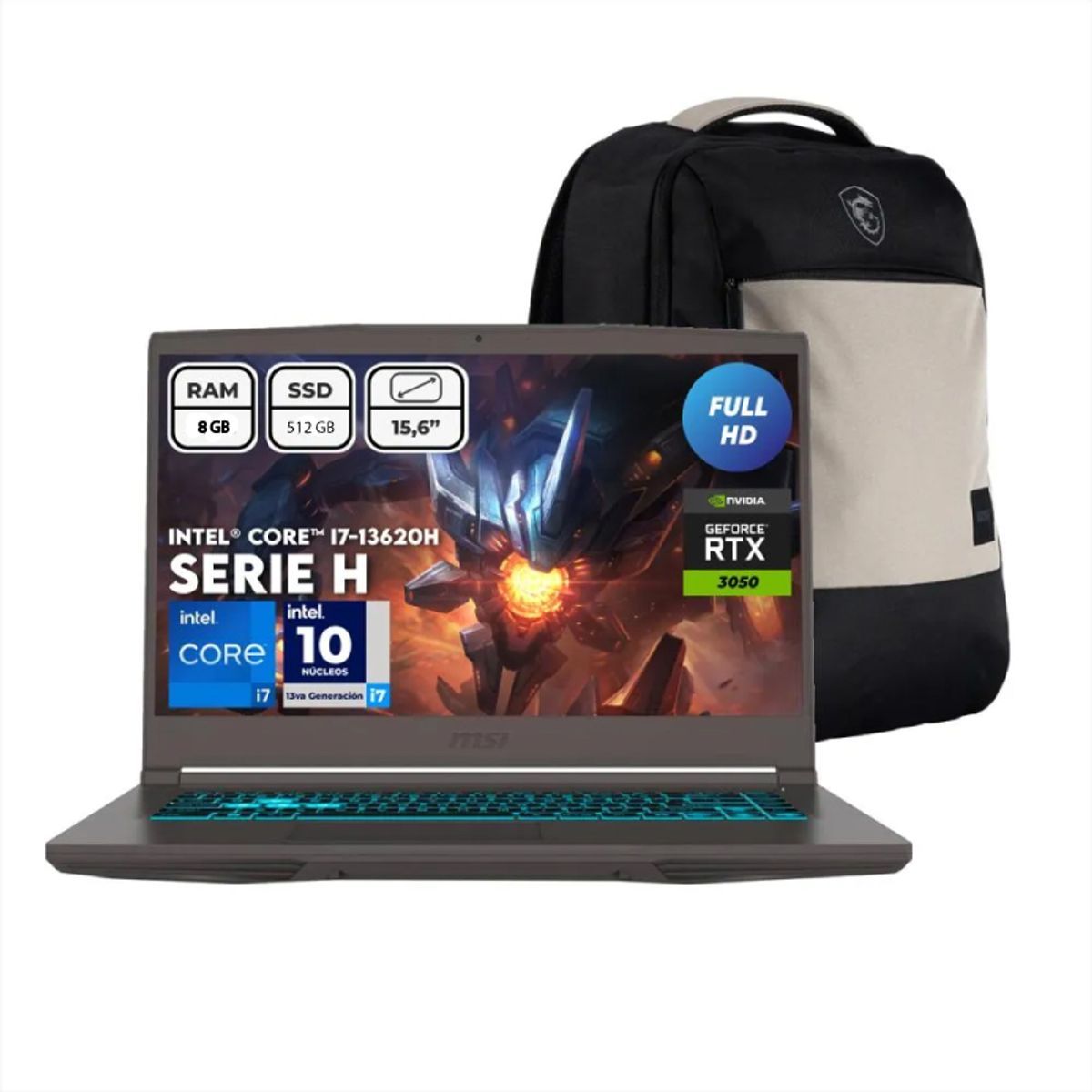 MSI - Portátil MSI Thin 15 B13UC Intel Core i7-13620H 8GB 512GB SSD RTX 3050 4GB 15.6” FHD 144Hz + Morral MSI
