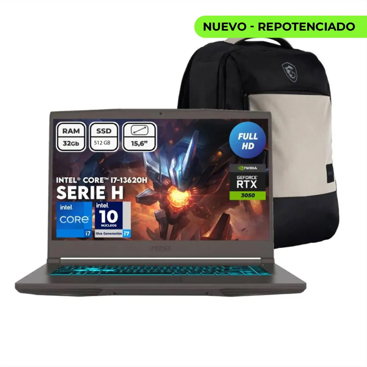 MSI - Portátil MSI Thin 15 B13UC Intel Core i7-13620H 32 GB 512GB SSD RTX 3050 4GB 15.6” FHD 144Hz + Morral MSI