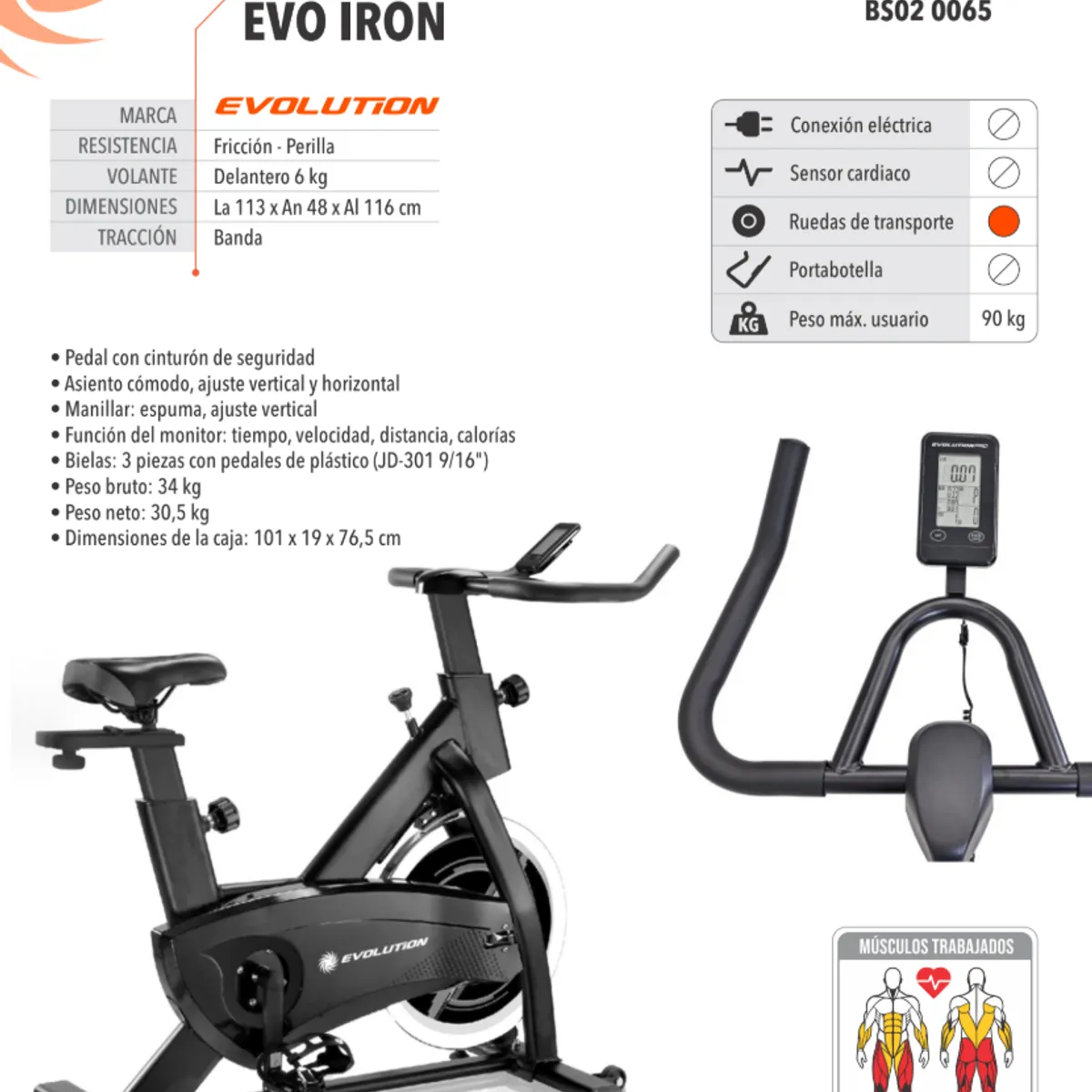 EVOLUTION FITNESS - Spinning EVO Iron negro Resistencia fricción perilla tracción por banda