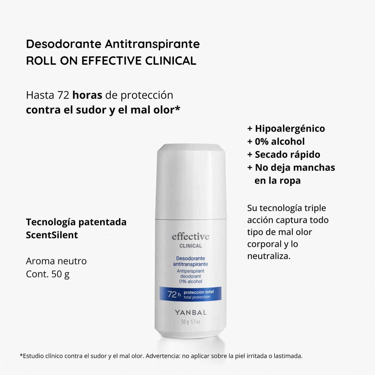 YANBAL - Desodorante Clinical Antitranspirante Effective Roll On Protección Extrema 72h 50 g