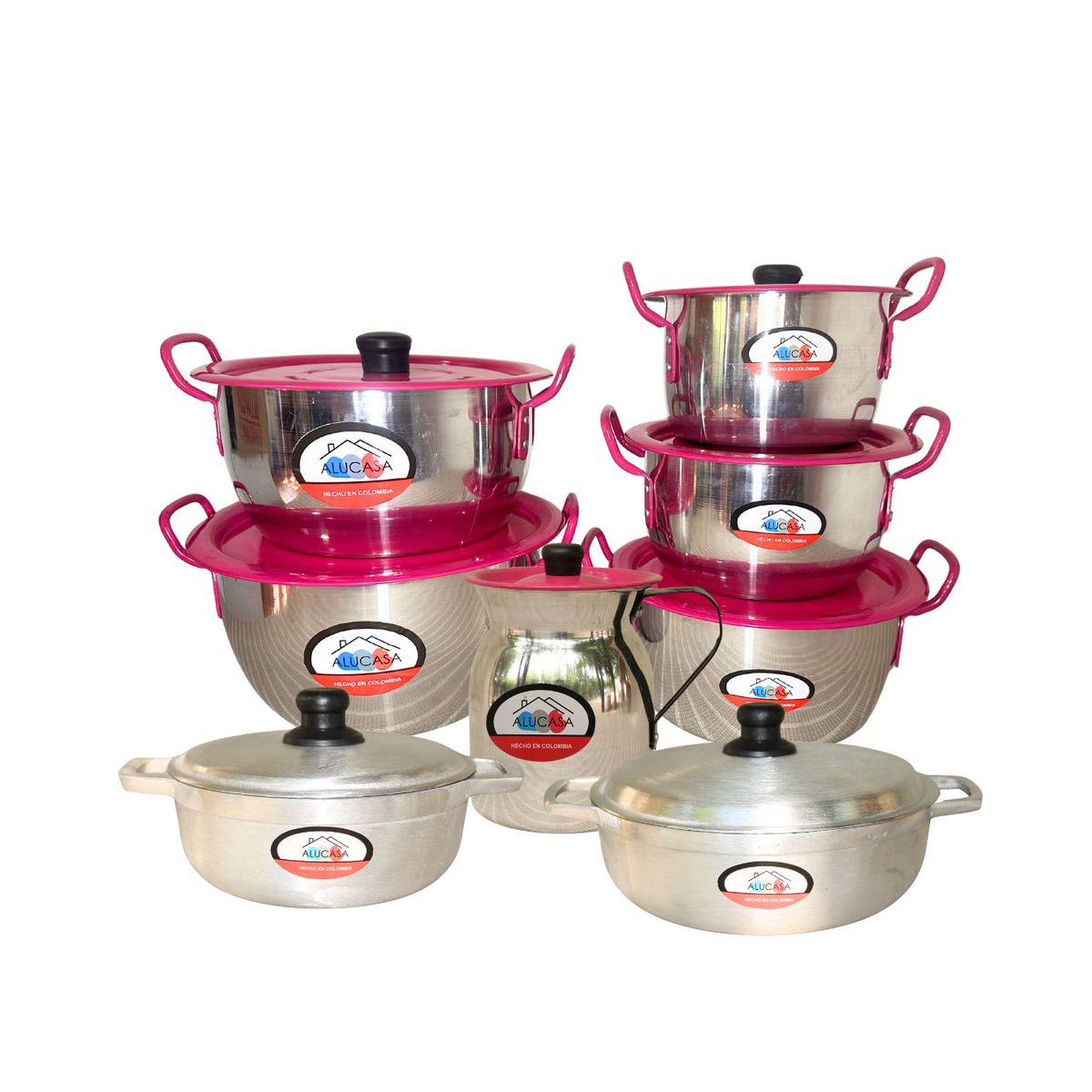 GENERICO - COMBO ROSA JUEGO DE OLLAS X5 OVALADA REFROZADA TAPA ROSADA + CALDERO 2 Y 4 +JARRA
