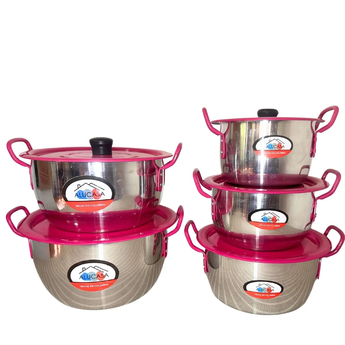 GENERICO - COMBO ROSA JUEGO DE OLLAS X5 OVALADA REFROZADA TAPA ROSADA + CALDERO 2 Y 4 +JARRA