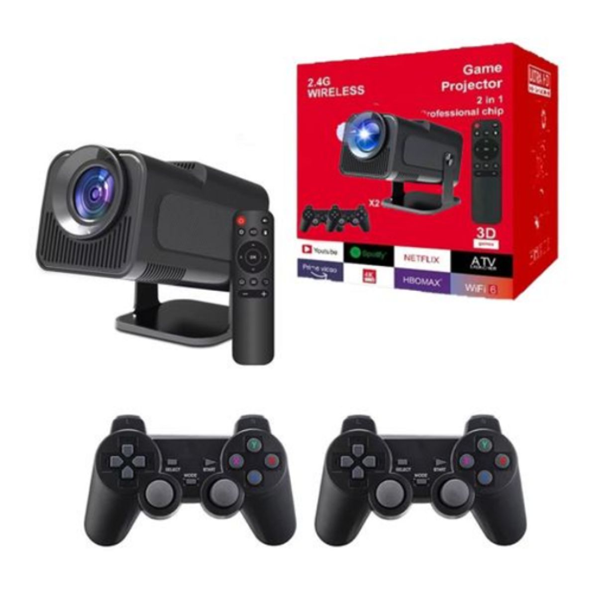 WAER - Proyector Gamer Hy320 X2 Negro con 2 joysticks inalámbricos y mas de 10mil juegos Andrid 3 en 1