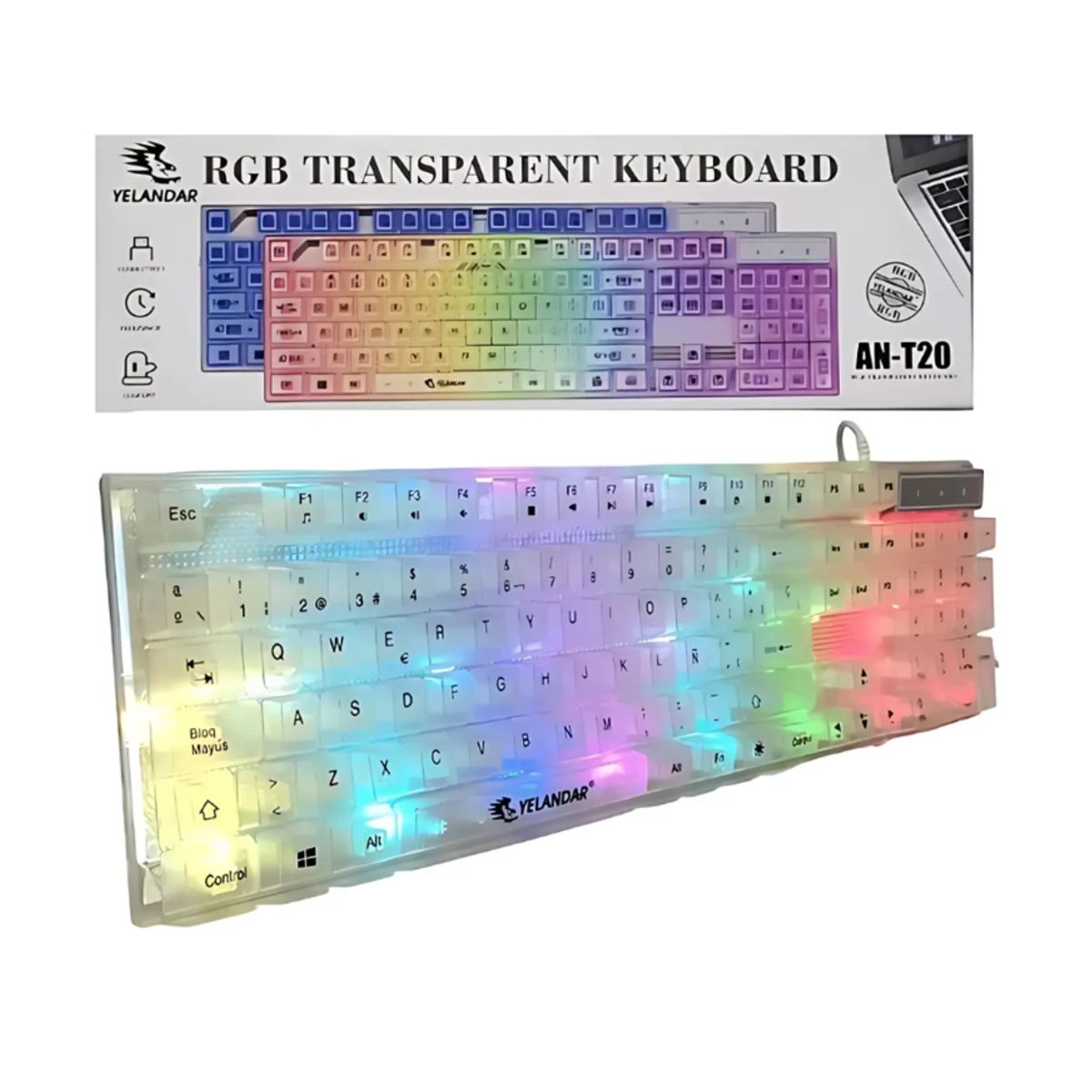 GENERICO - Teclado Transparente Con Luces Rgb Modelo T20 Blanco Español