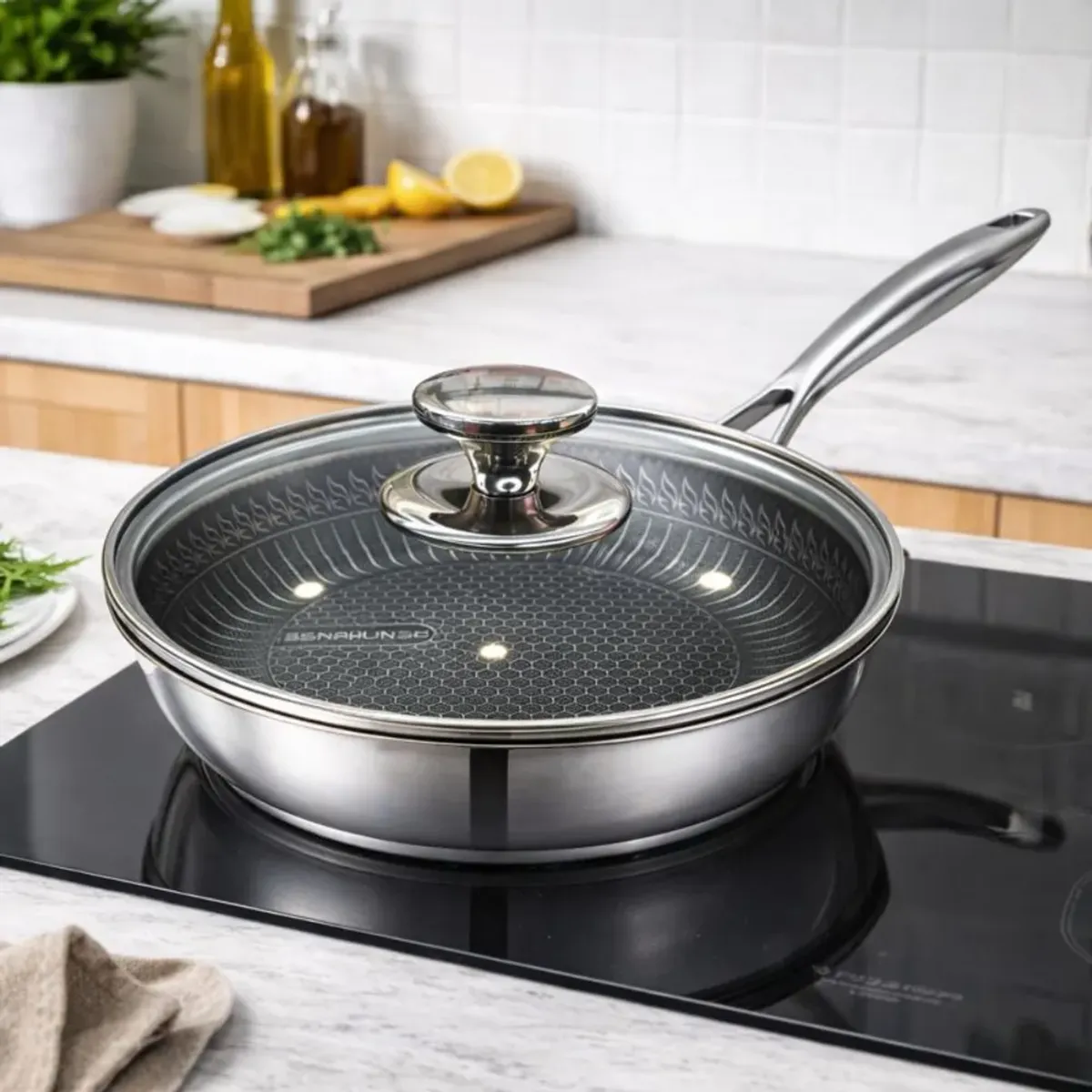 TECNOHOGAR JS - Sarten Antiadherente Acero Tapa Vidrio Moderno Lujo Premium