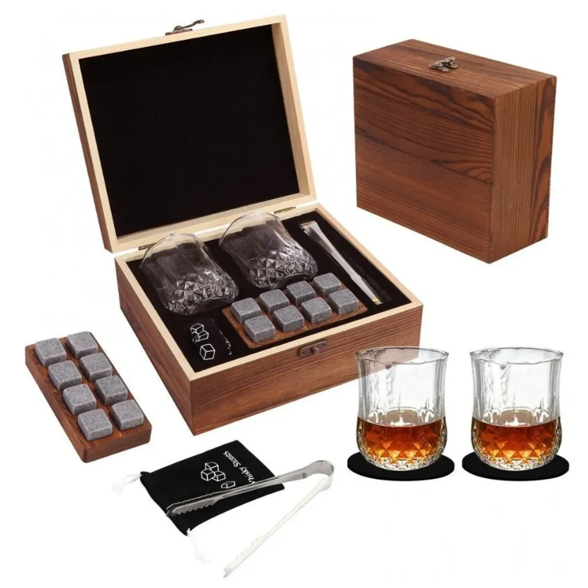 ORIGINAL HEALTH - REGALO PARA HOMBRES SET KIT DE WHISKY CON VASOS+ PIEDRAS ENFRIADORAS + PINZAS