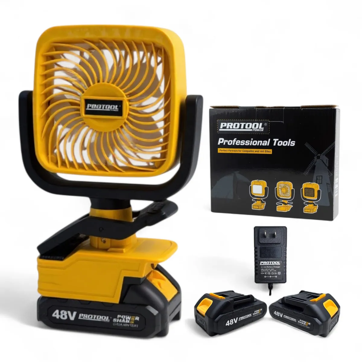 PROTOOL - Ventilador Portátil Recargable 2 Baterías 48v Inalámbrico Amarillo