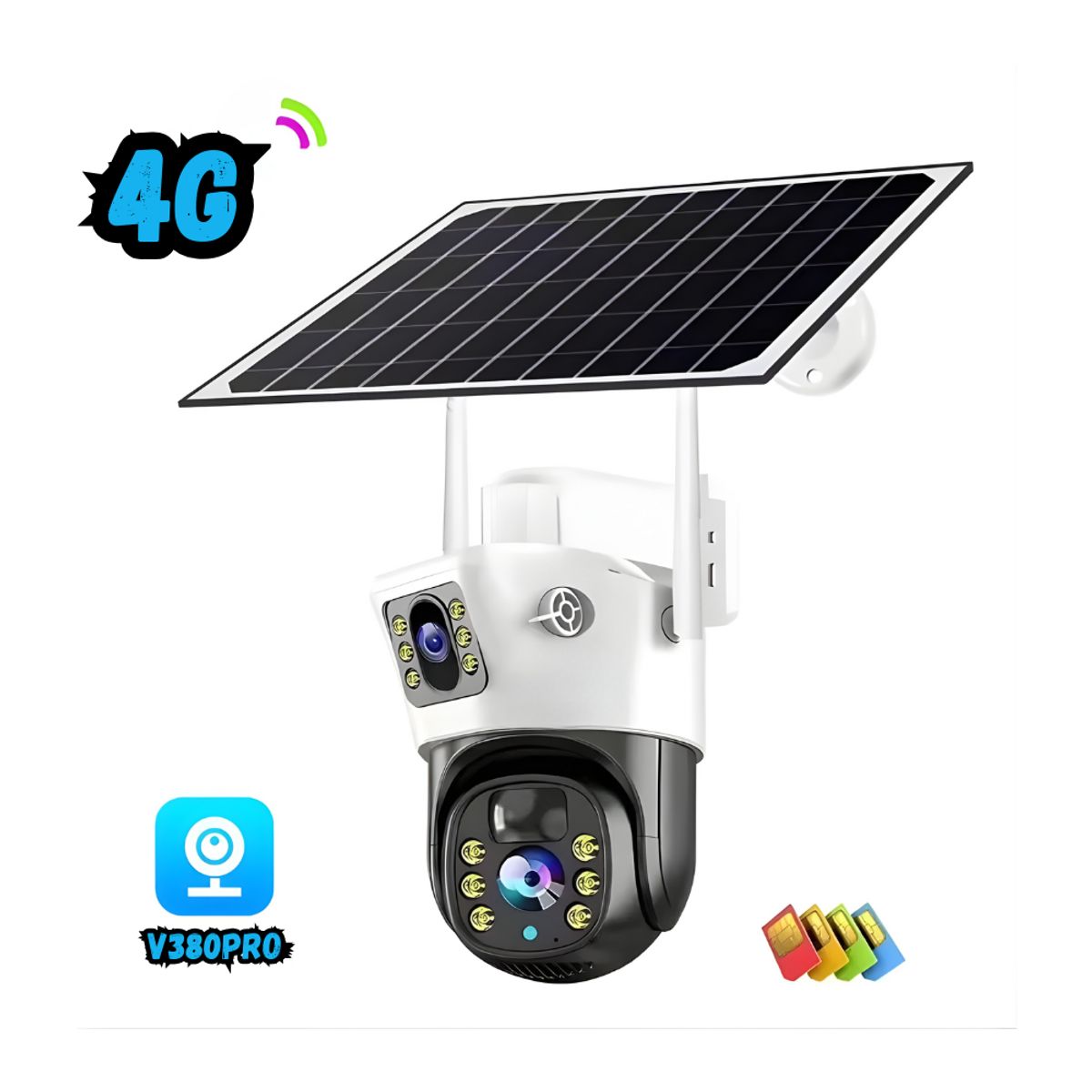 GENERICO - Camara Exterior Doble Lente Panel Solar Simcard 4g Resistente Al Agua