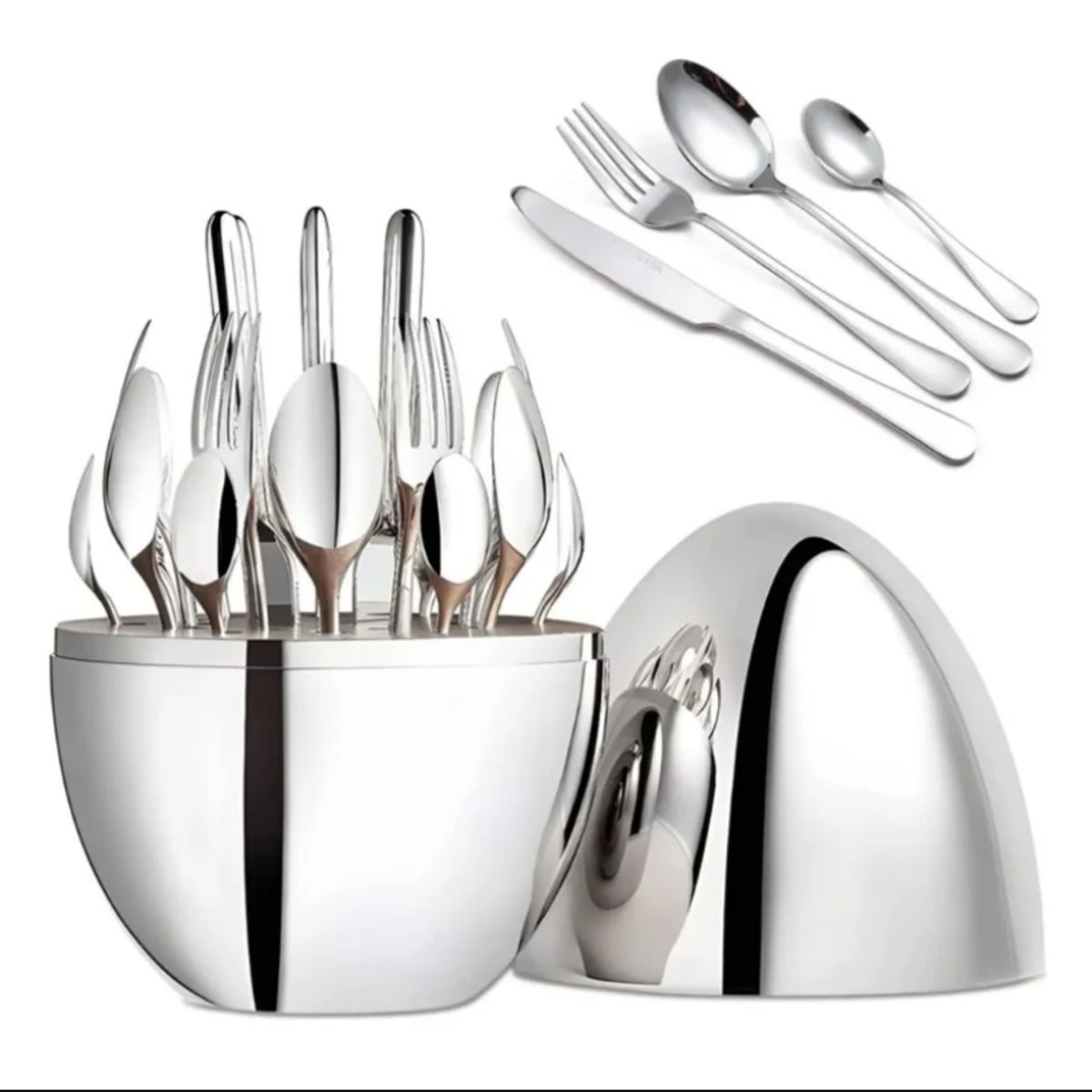 GENERICO - Kit de Cubiertos 24 Piezas en Acero Inoxidable con Estuche Tipo Huevo – Color Plateado