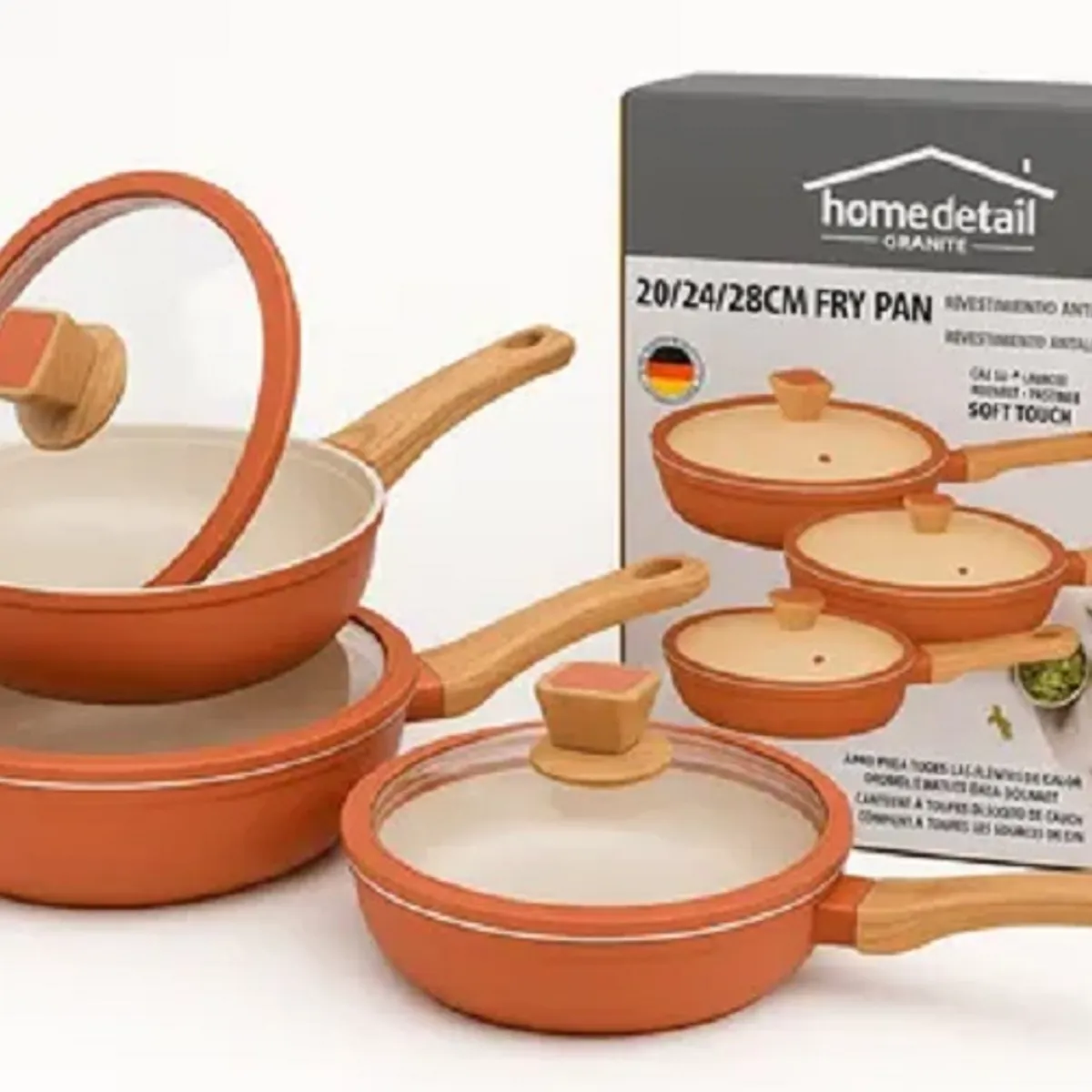 HOMEDETAIL - Juego Sartenes En Ceramica Granito Antiadherente X3 Con Tapa naranja