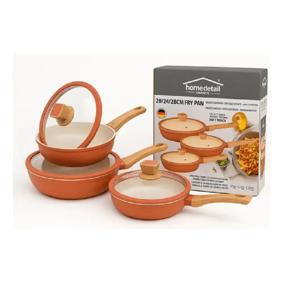 HOMEDETAIL - Juego Sartenes En Ceramica Granito Antiadherente X3 Con Tapa naranja
