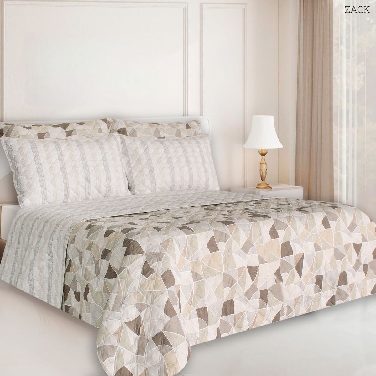 BALI - Colcha Doble Faz para Cama Sencilla 170×240 + Funda 50×75 Formas y Rayas Cafe