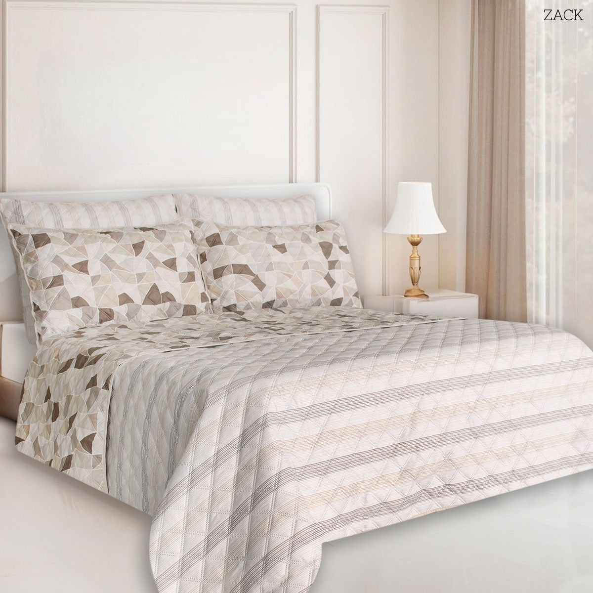 BALI - Colcha Doble Faz para Cama Sencilla 170×240 + Funda 50×75 Formas y Rayas Cafe