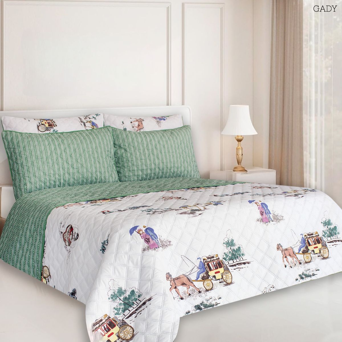 BALI - Colcha Doble Faz para Cama Sencilla 170×240 + Funda 50×75 Carruaje Verde