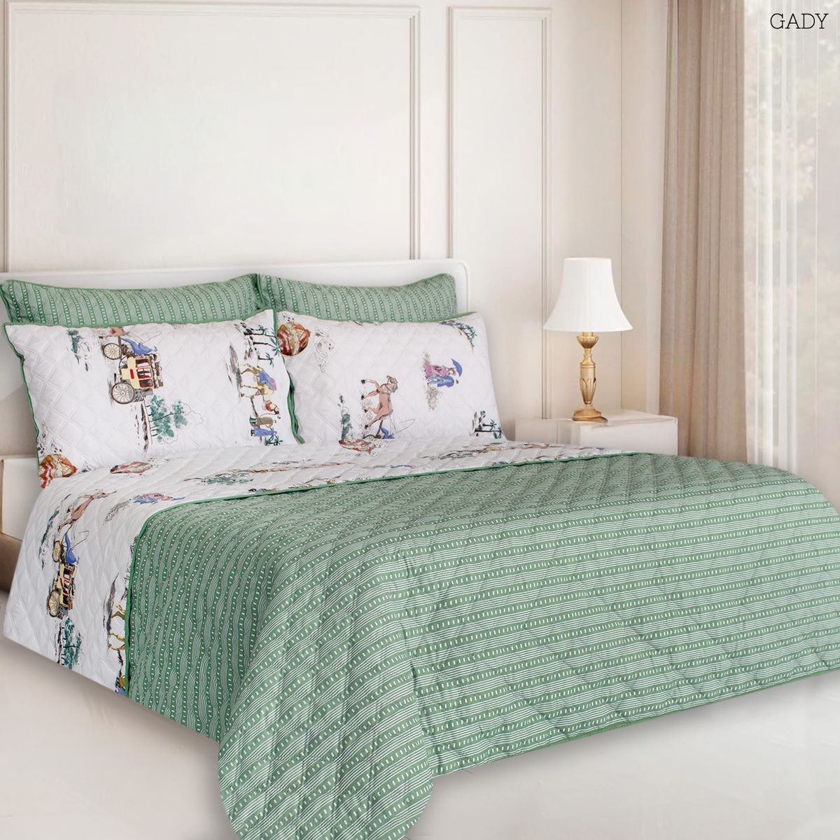 BALI - Colcha Doble Faz para Cama Sencilla 170×240 + Funda 50×75 Carruaje Verde