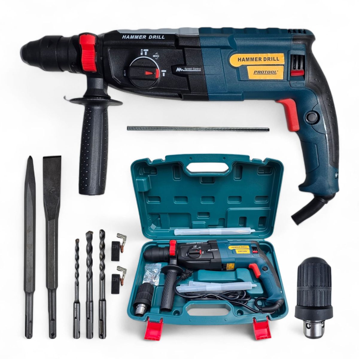 PROTOOL - Taladro Rotomartillo Doble Mandril Puntas Brocas 1150rpm Azul Acero 110v 60hz