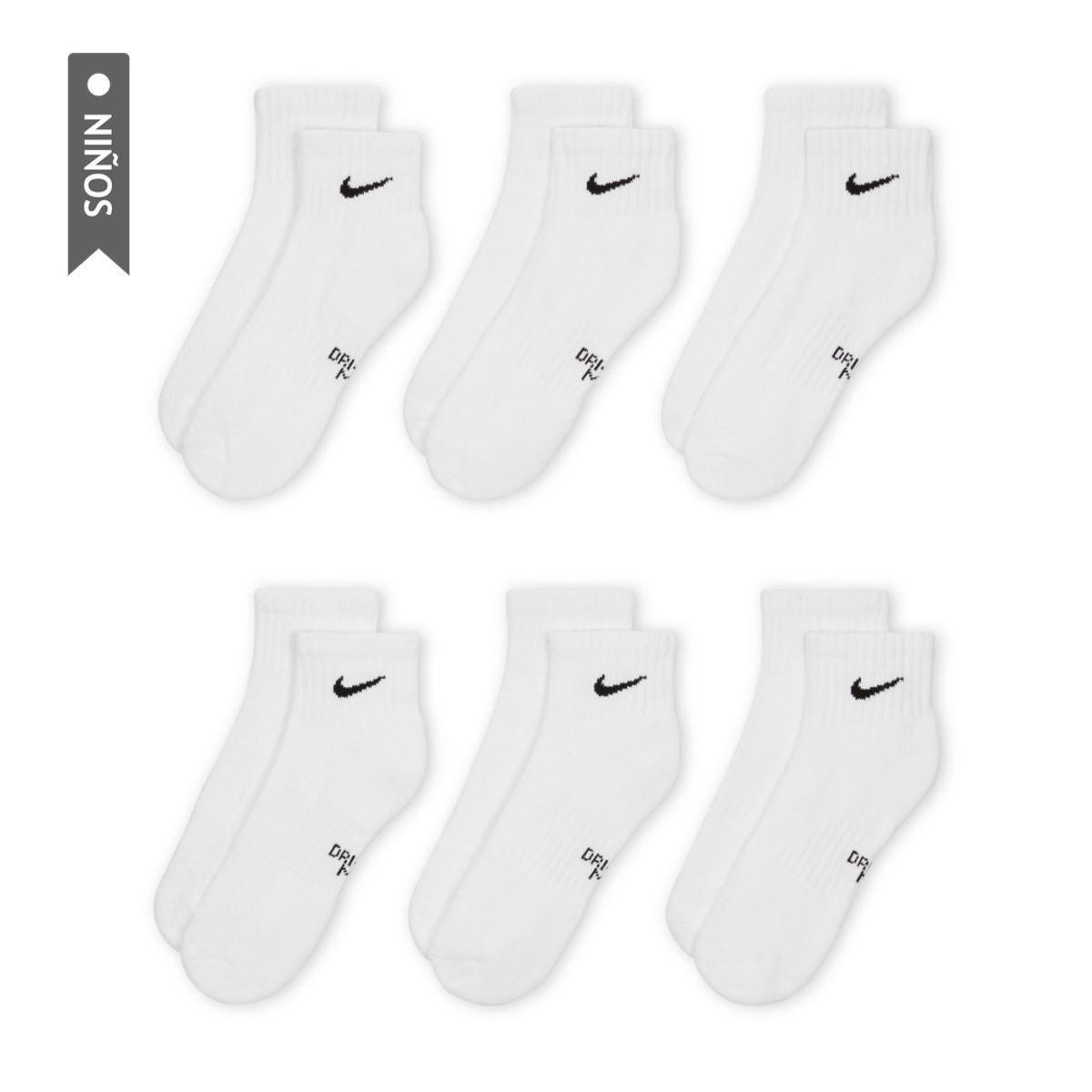 NIKE - Medias Nike Everydy Cush Ankl 6Pr 108 Niño-Blanco Negro