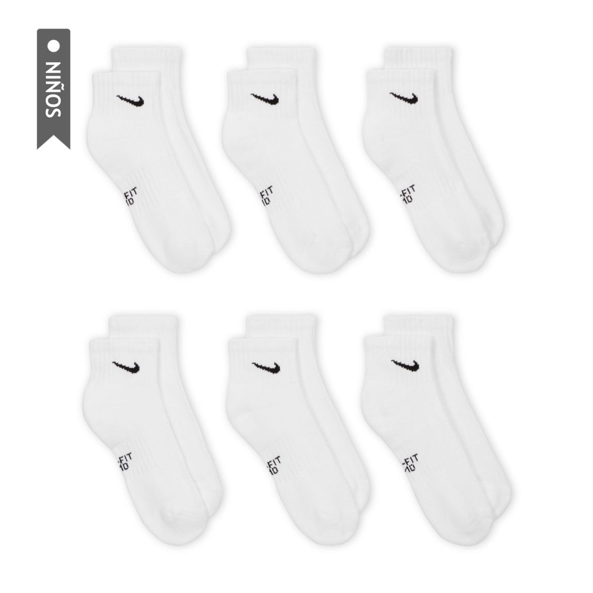 NIKE - Medias Nike Everydy Cush Ankl 6Pr 108 Niño-Blanco Negro