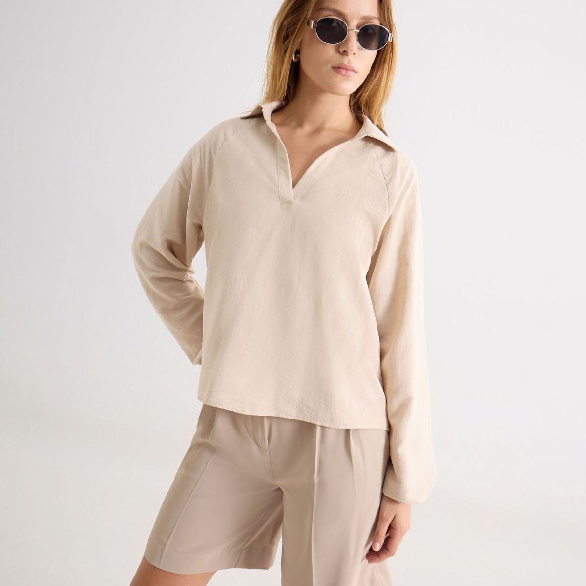 SEVEN SEVEN - Camisa Oversize Cuello Abierto  Para Mujer Beige Seven Seven