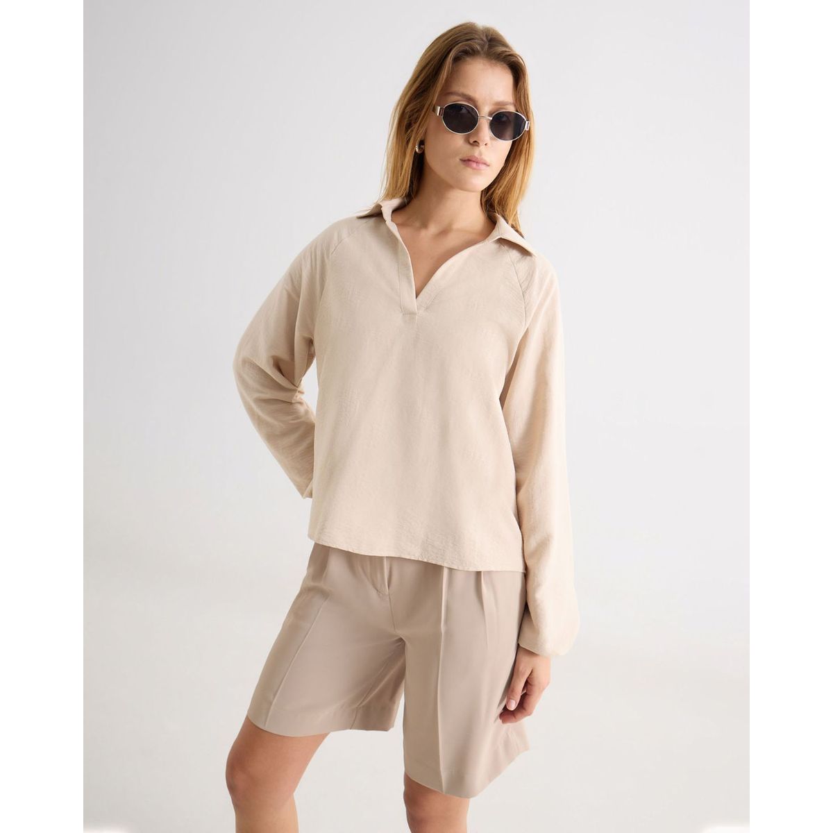 SEVEN SEVEN - Camisa Oversize Cuello Abierto  Para Mujer Beige Seven Seven