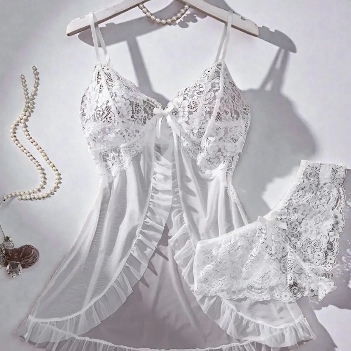 GENERICO - Conjunto Lencería Sexy Babydoll Encaje Pijama Suave Blanco M L