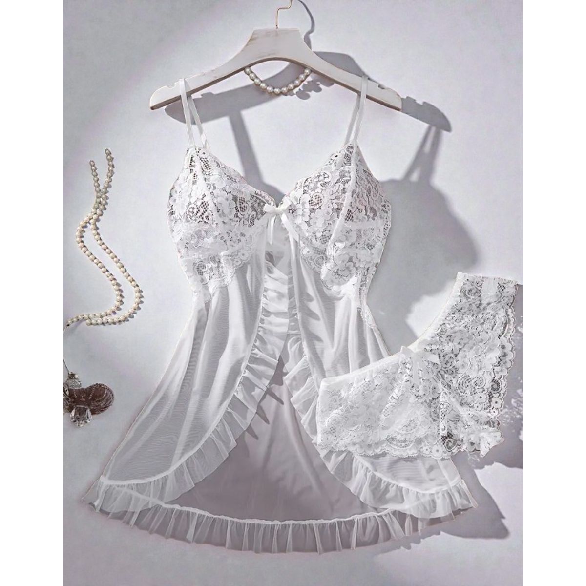 GENERICO - Conjunto Lencería Sexy Babydoll Encaje Pijama Suave Blanco M L