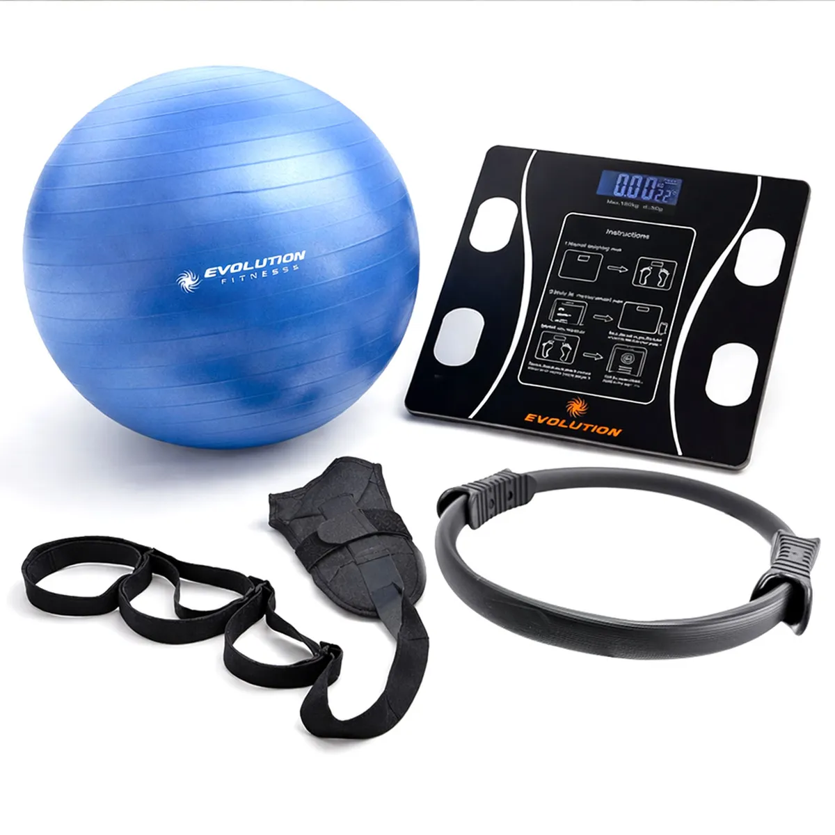 EVOLUTION FITNESS - Kit de Pilates y Yoga Evolution  Entrena en Casa Balón Aro Strap y Báscula
