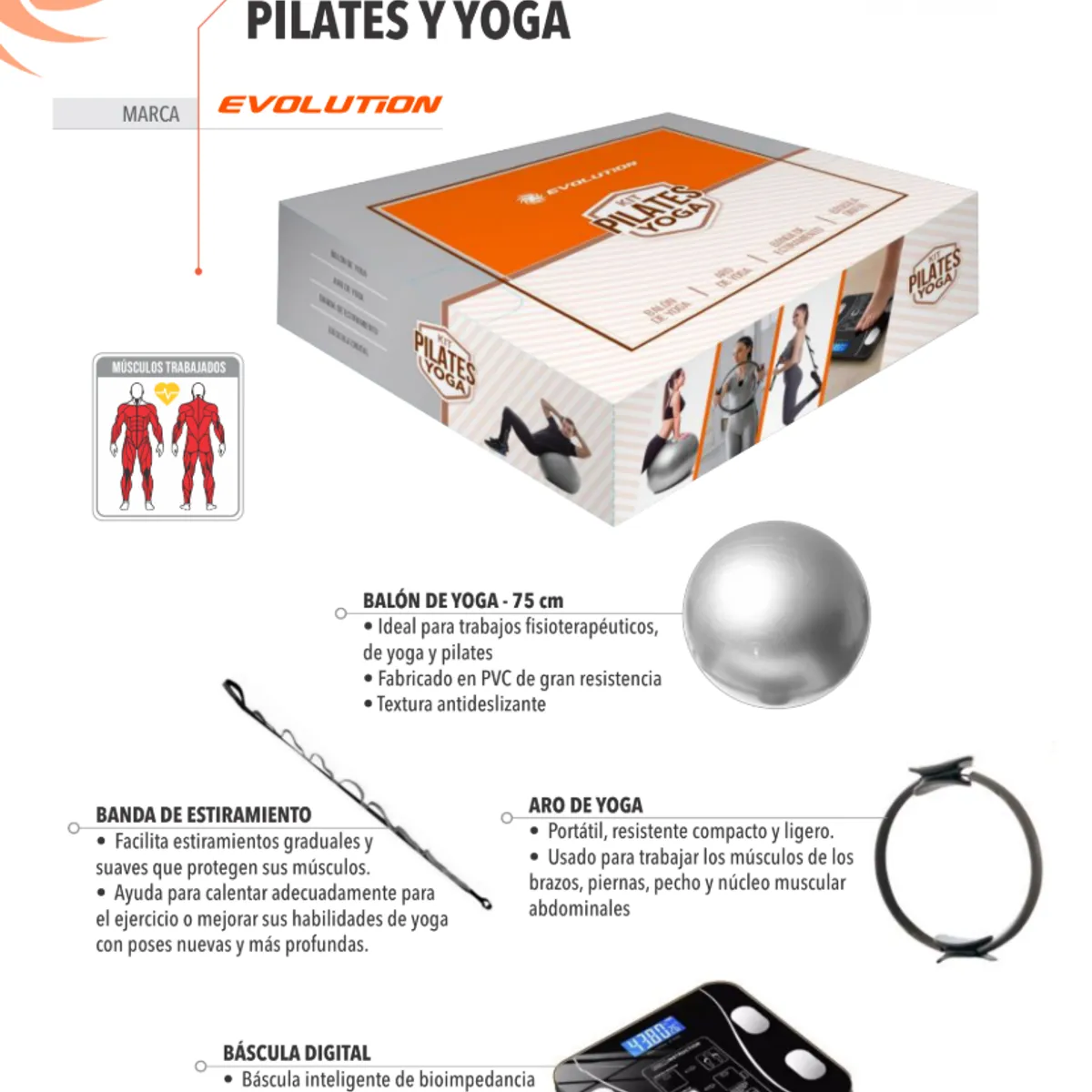 EVOLUTION FITNESS - Kit de Pilates y Yoga Evolution  Entrena en Casa Balón Aro Strap y Báscula