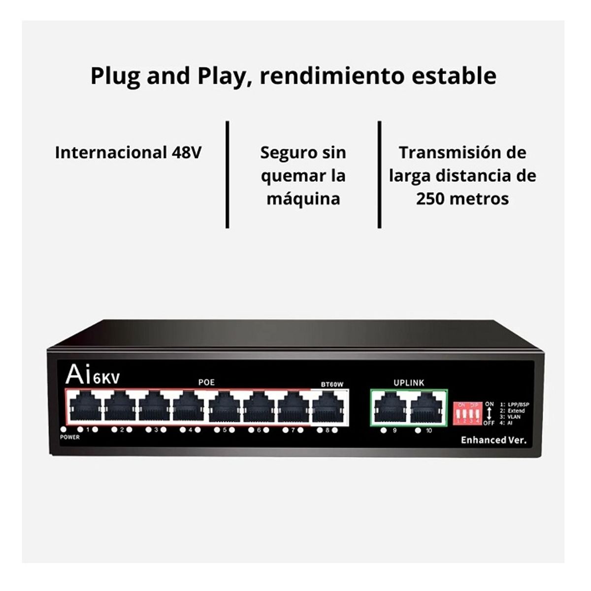 GENERICO - Switch de Red PoE 8 Puertos + 2 Uplink 1000 Mbps