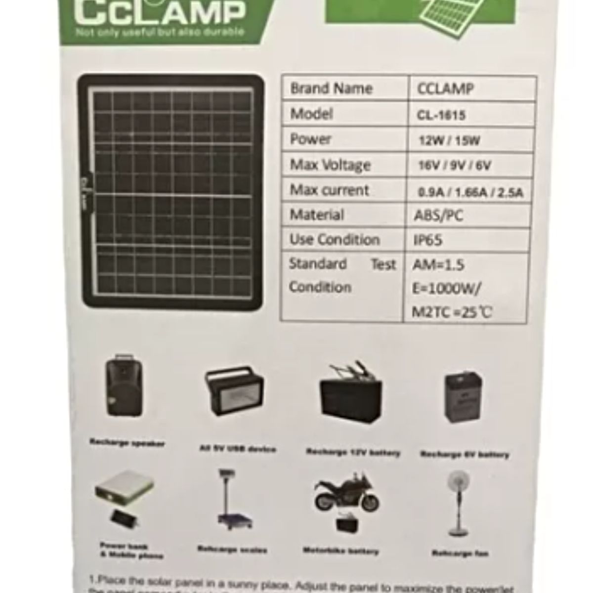 GENERICO - Panel Solar Portátil Monocristalino CCLamp 15W 12V Carga USB Negro