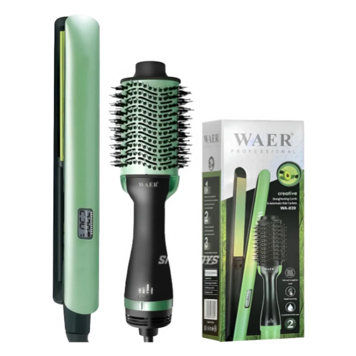 WAER - Waer Combo Plancha Para Cabello + Cepillo Secador Aguacate