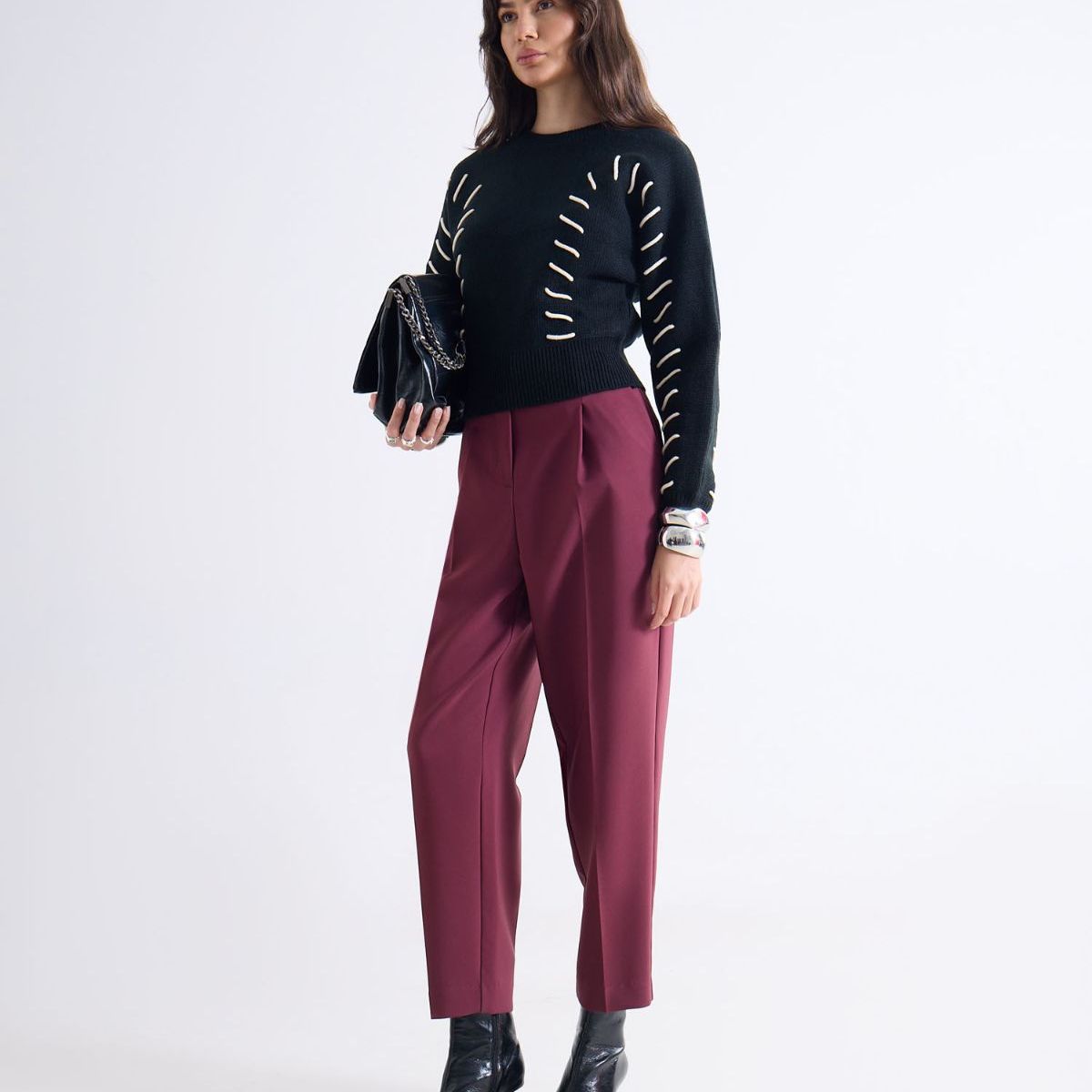 SEVEN SEVEN - Pantalón Recto Con Pinzas Y Cinturón  Para Mujer Vino Seven Seven