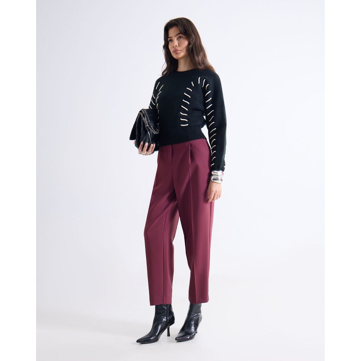 SEVEN SEVEN - Pantalón Recto Con Pinzas Y Cinturón  Para Mujer Vino Seven Seven